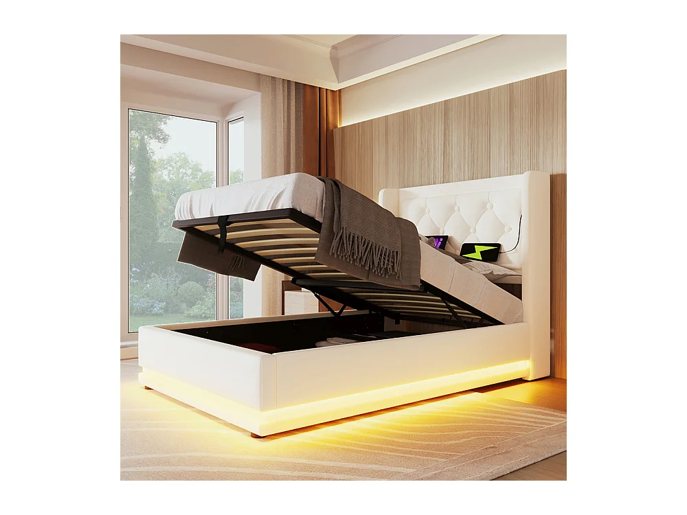 Lit adulte lit 90x200 cm lit rembourré hydraulique lit de rangement Single avec fonction de charge usb type-c tête de lit pu blanc