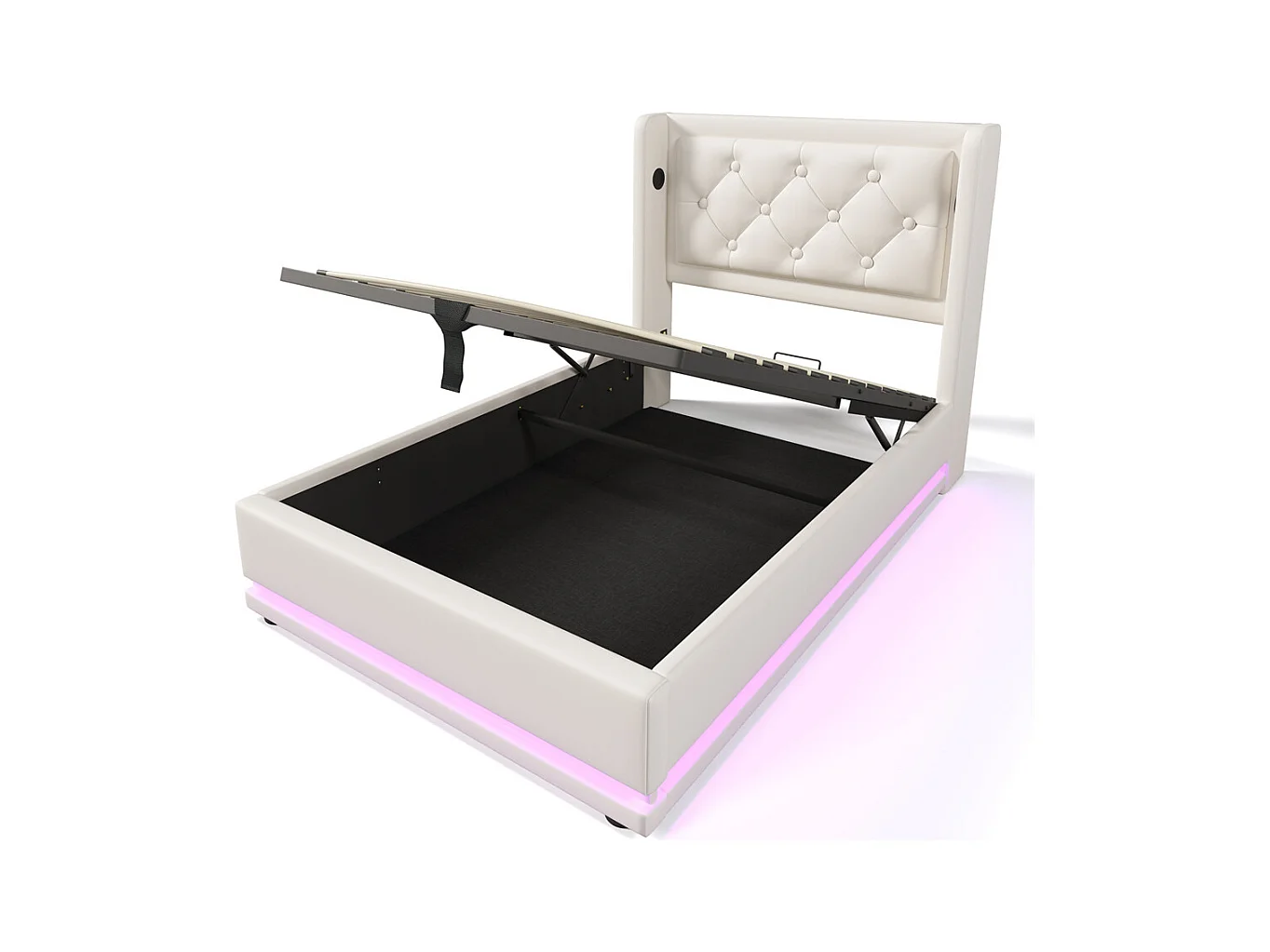 Lit adulte lit 90x200 cm lit rembourré hydraulique lit de rangement Single avec fonction de charge usb type-c tête de lit pu blanc