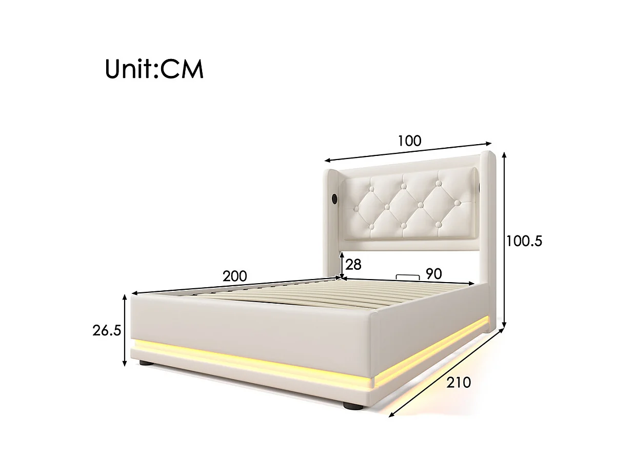 Lit adulte lit 90x200 cm lit rembourré hydraulique lit de rangement Single avec fonction de charge usb type-c tête de lit pu blanc
