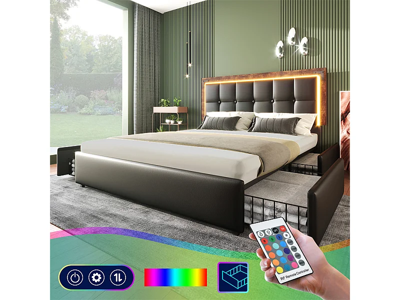 Volwassen bed 140x200 cm gestoffeerd bed met LED-lichtstrip en 4 lades tweepersoonsbed zwart pu