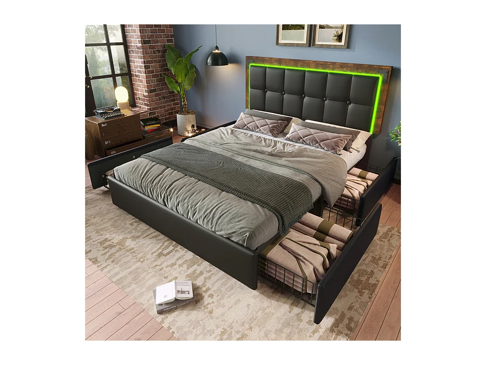 Volwassen bed 140x200 cm gestoffeerd bed met LED-lichtstrip en 4 lades tweepersoonsbed zwart pu