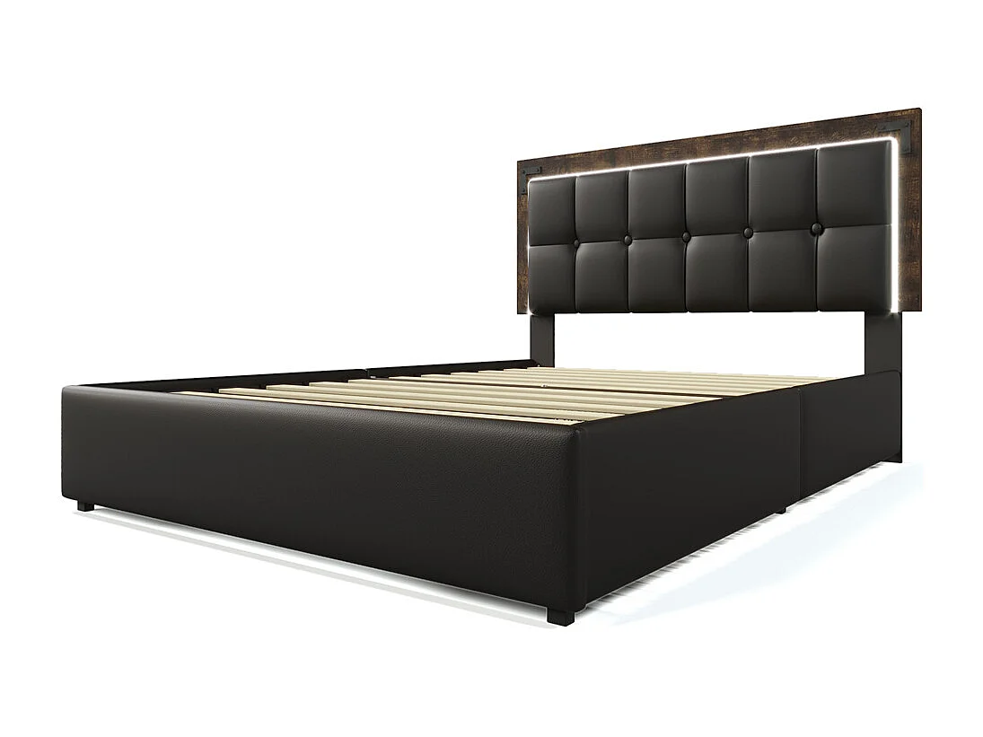 Volwassen bed 140x200 cm gestoffeerd bed met LED-lichtstrip en 4 lades tweepersoonsbed zwart pu