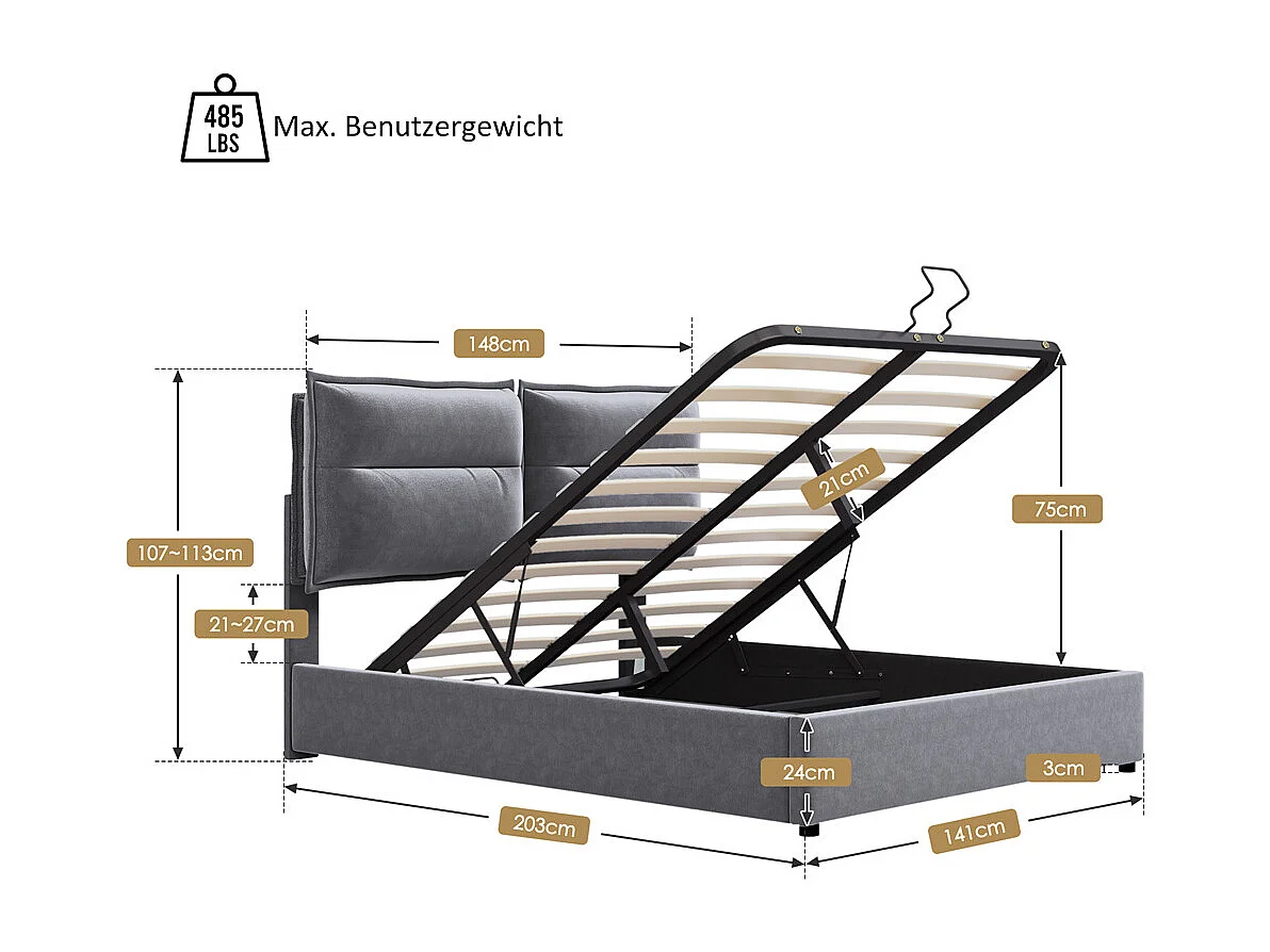 Lit adulte lit 140x200 cm lit rembourré hydraulique lit de rangement lit double velours gris