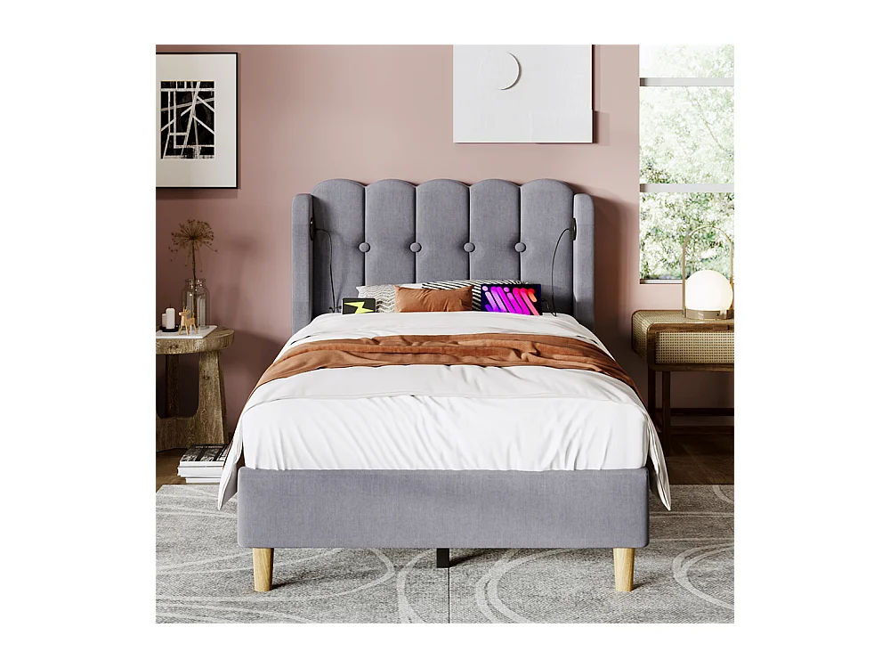 Lit adulte lit 90x200 cm lit rembourré avec fonction de charge usb type c Single lin gris