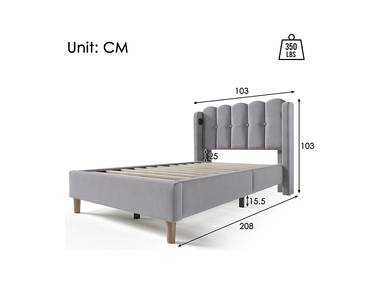 Lit adulte lit 90x200 cm lit rembourré avec fonction de charge usb type c Single lin gris