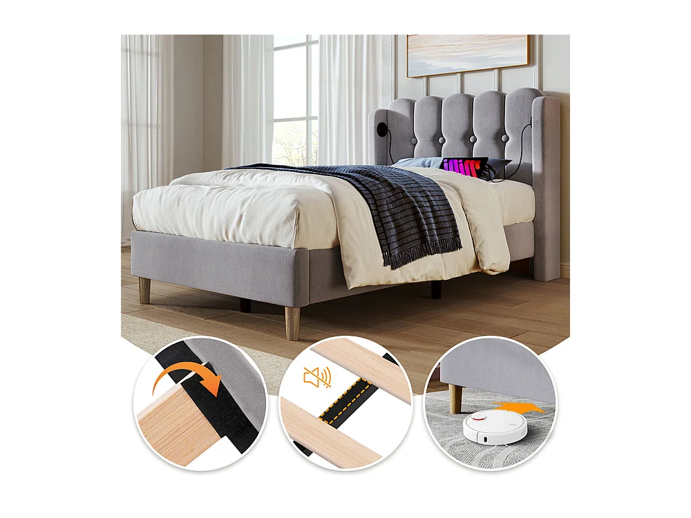 Lit adulte lit 90x200 cm lit rembourré avec fonction de charge usb type c Single lin gris