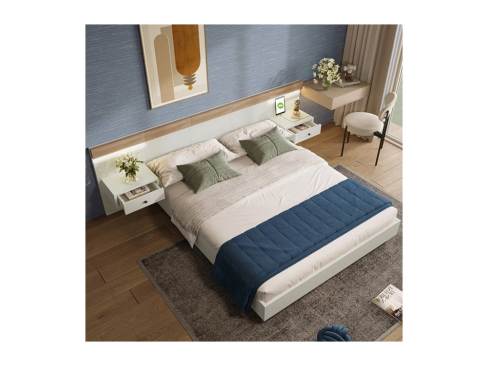 Volwassen bed 180x200 cm, tweepersoonsbed met hangende nachtkastjes, LED en USB type C aansluiting, houten frame, eiken + wit (zonder matras)