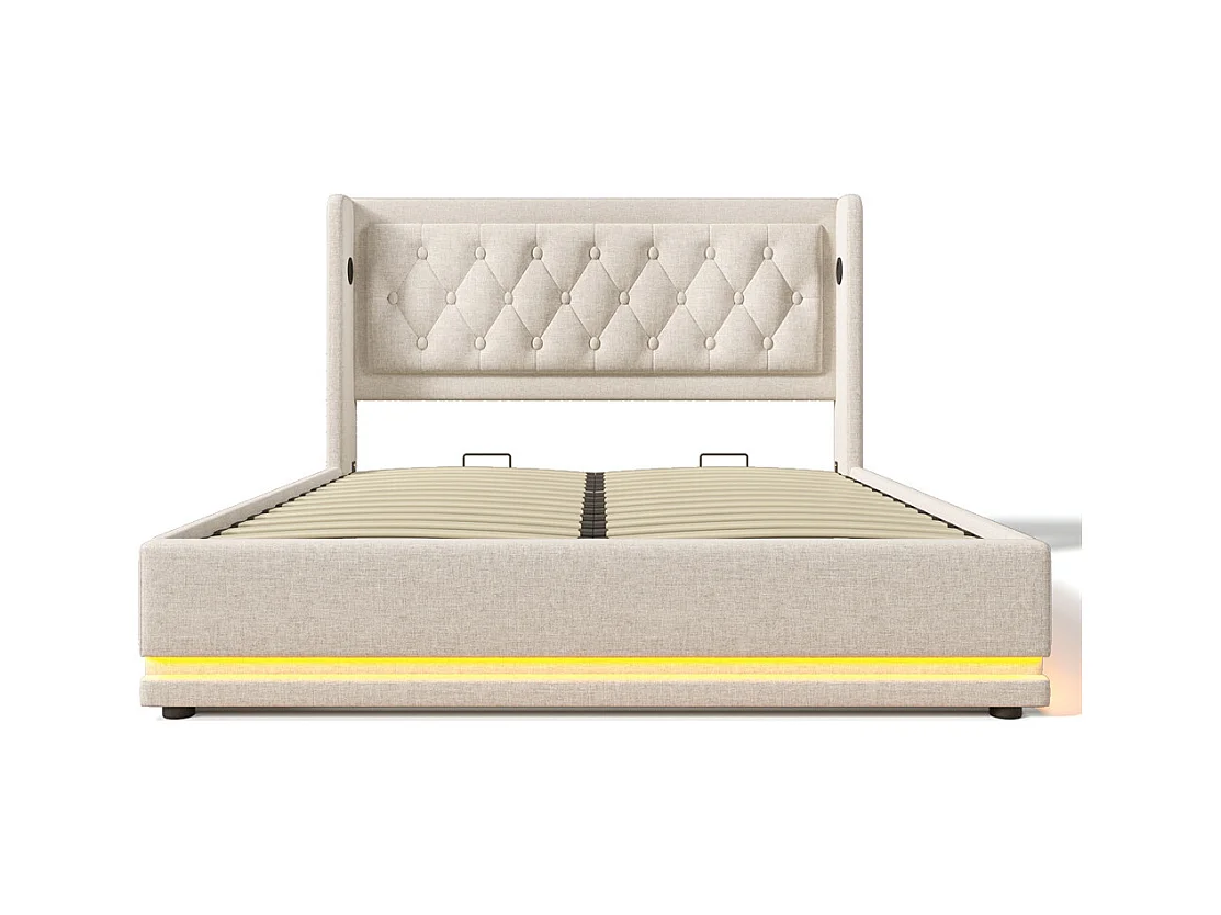 Lit adulte lit 180x200 cm lit rembourré hydraulique lit de rangement lit double coton beige