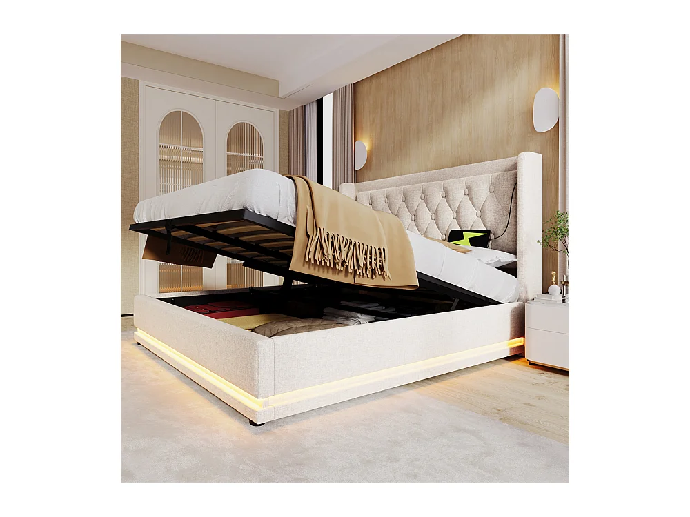 Lit adulte lit 180x200 cm lit rembourré hydraulique lit de rangement lit double coton beige