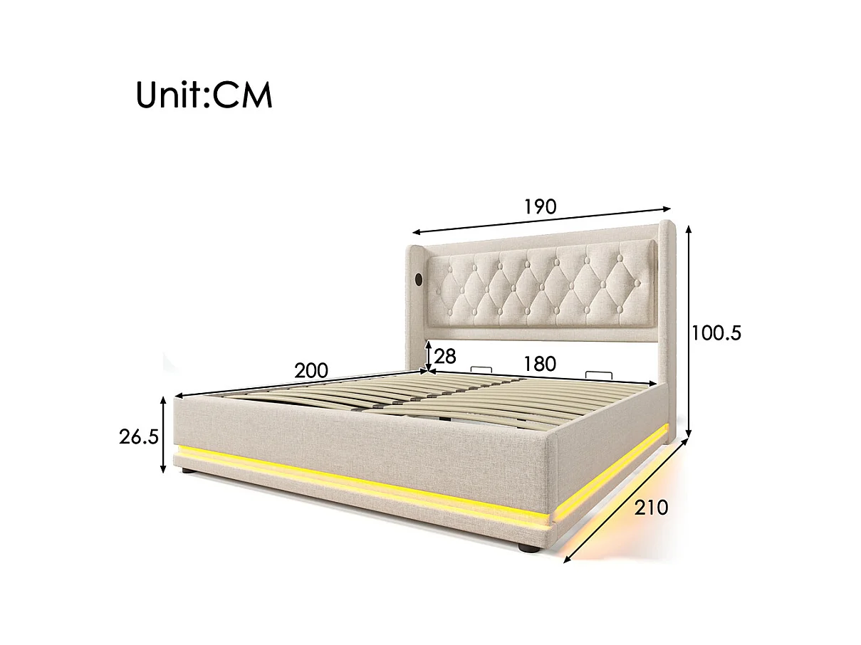 Lit adulte lit 180x200 cm lit rembourré hydraulique lit de rangement lit double coton beige