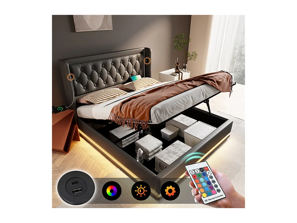 Hydraulisch gestoffeerd bed 140x200 cm opbergbed tweepersoonsbed met usb type-c oplaadfunctie hoofdeinde pu zwart