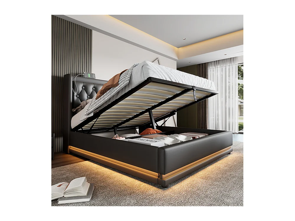 Hydraulisch gestoffeerd bed 140x200 cm opbergbed tweepersoonsbed met usb type-c oplaadfunctie hoofdeinde pu zwart