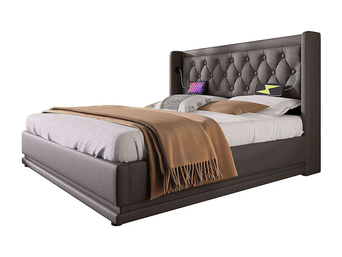 Hydraulisch gestoffeerd bed 140x200 cm opbergbed tweepersoonsbed met usb type-c oplaadfunctie hoofdeinde pu zwart