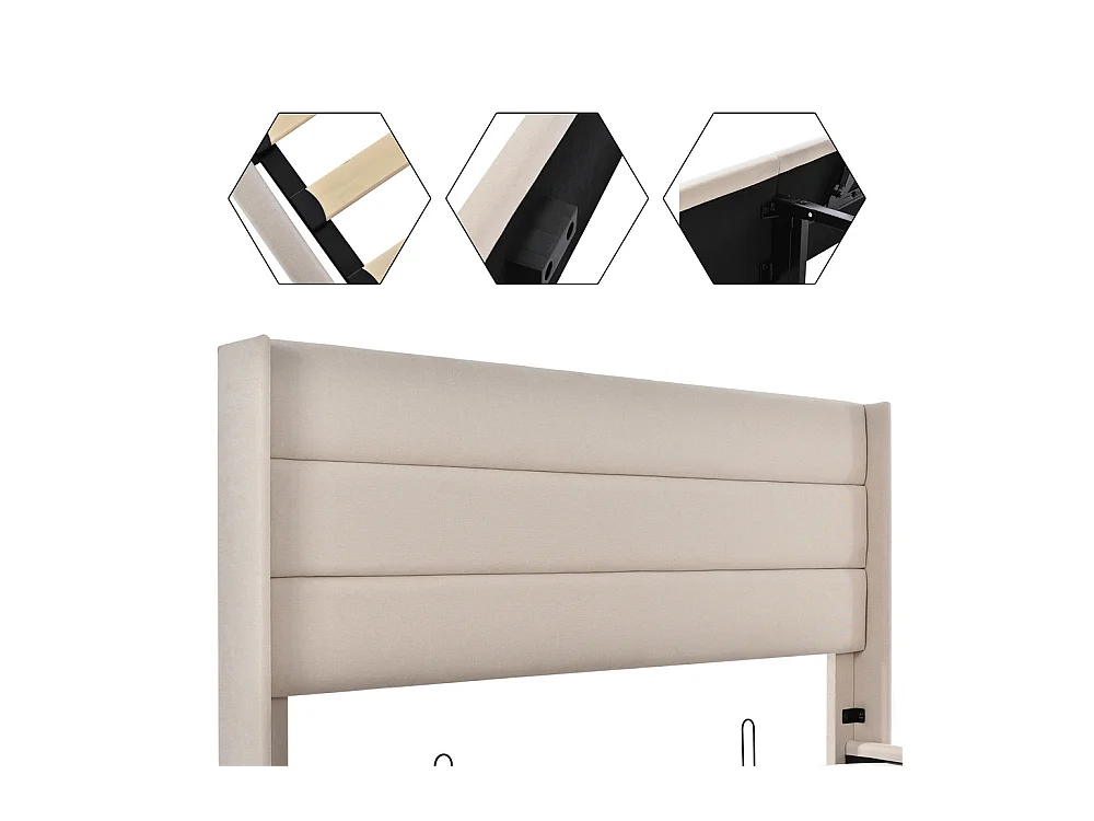 Lit rembourré hydraulique, 140x200cm, lit avec rangement, avec sommier à lattes en bois, structure métallique, lin, beige