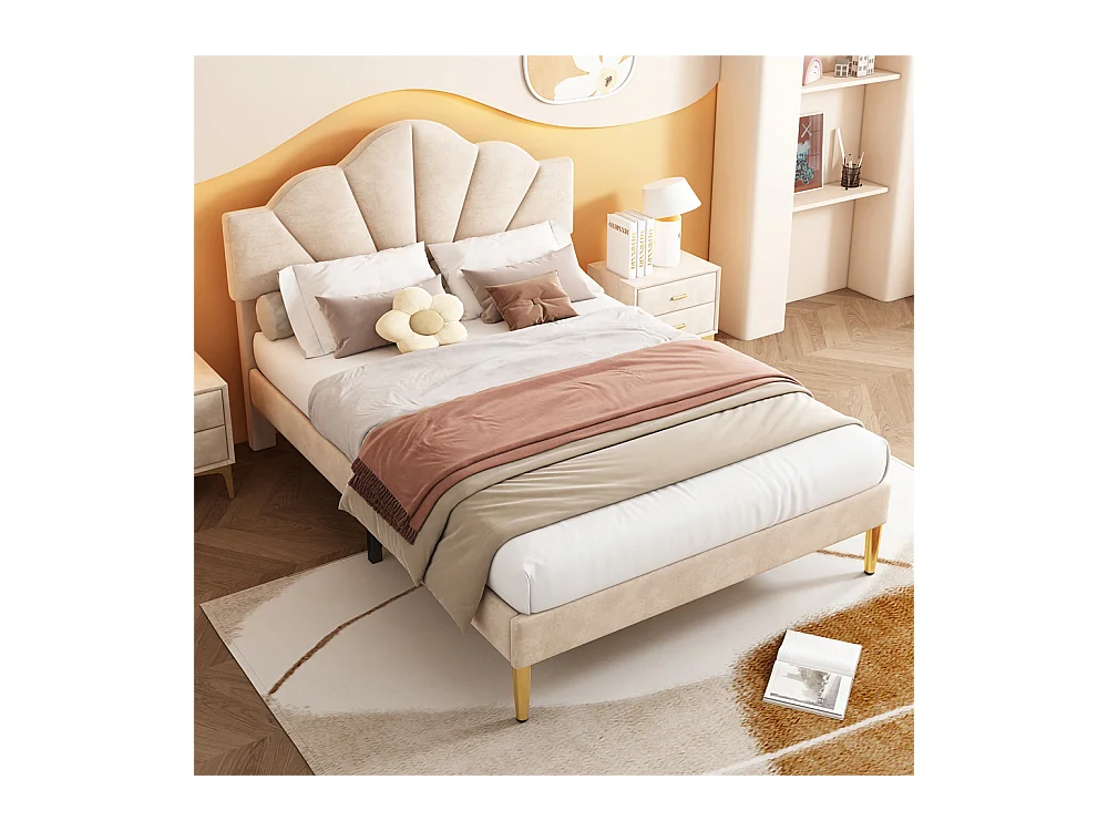 Lit rembourré 140x200 cm lit double avec sommier à lattes - tête de lit réglable - tissu en velours - beige