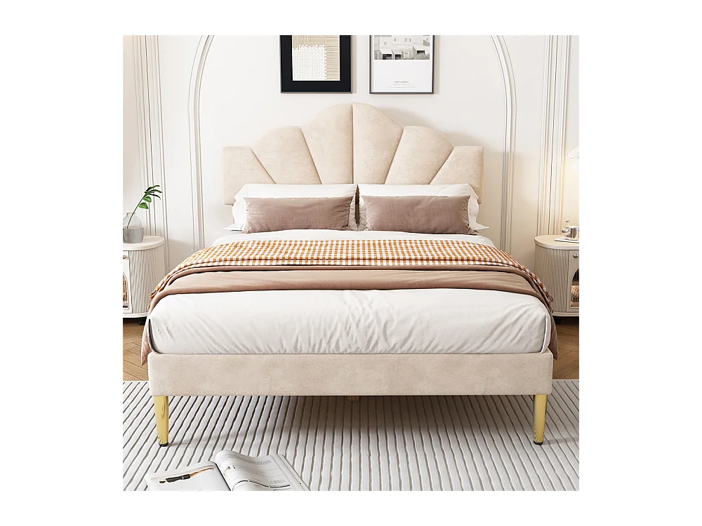 Lit rembourré 140x200 cm lit double avec sommier à lattes - tête de lit réglable - tissu en velours - beige