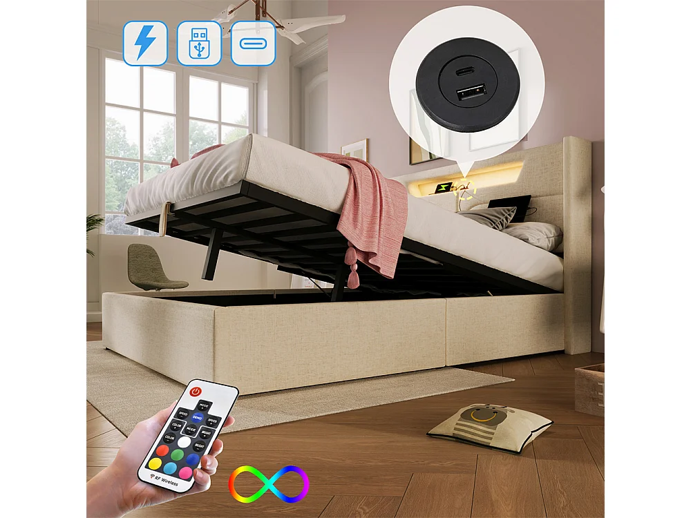 Lit adulte lit 140x200 cm lit rembourré lit de rangement lit sommier à lattes en bois lit double lin beige