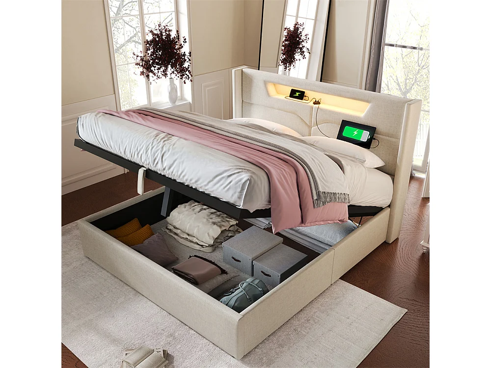 Lit adulte lit 140x200 cm lit rembourré lit de rangement lit sommier à lattes en bois lit double lin beige