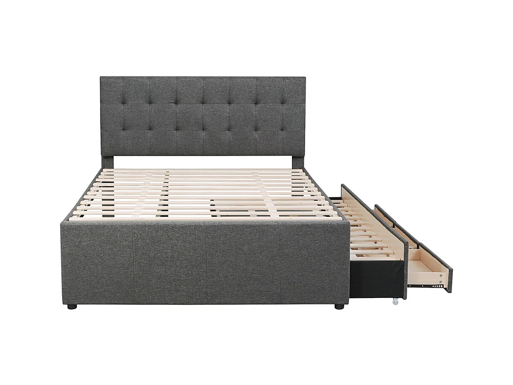 Volwassen bed 140x200 cm gestoffeerd bed met drie lades tweepersoonsbed grijs linnen