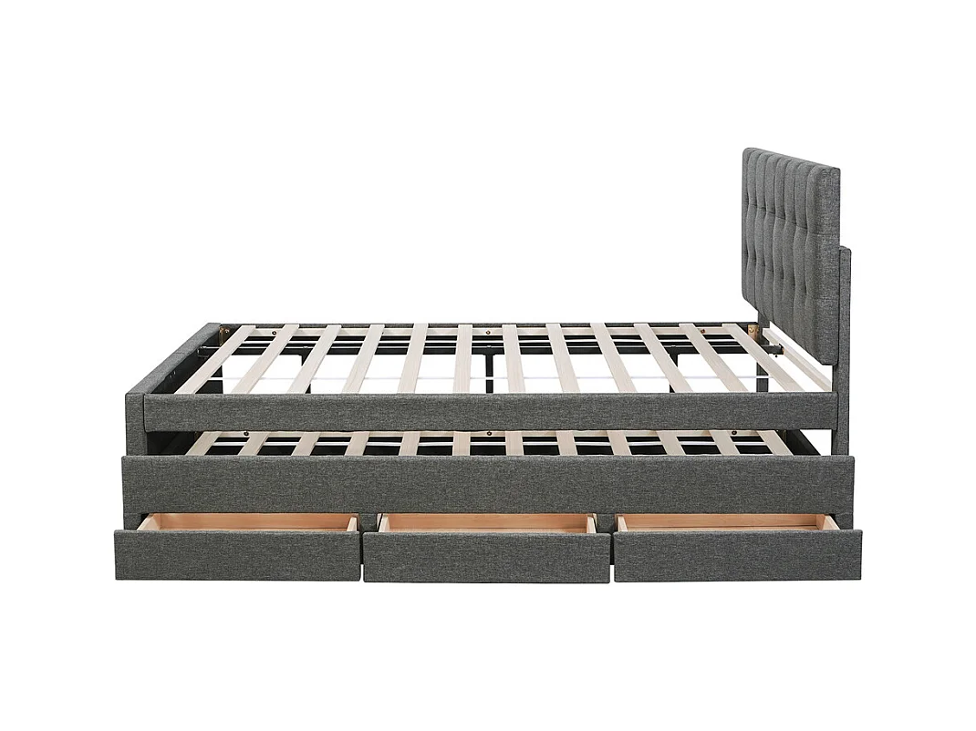 Volwassen bed 140x200 cm gestoffeerd bed met drie lades tweepersoonsbed grijs linnen