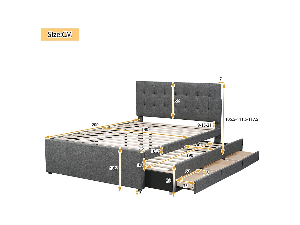 Volwassen bed 140x200 cm gestoffeerd bed met drie lades tweepersoonsbed grijs linnen
