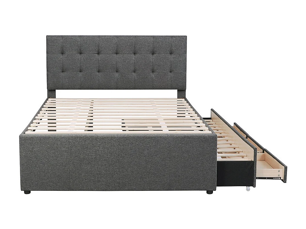 Volwassen bed 140x200 cm gestoffeerd bed met drie lades tweepersoonsbed grijs linnen