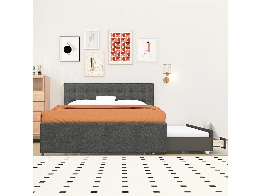 Volwassen bed 140x200 cm gestoffeerd bed met drie lades tweepersoonsbed grijs linnen