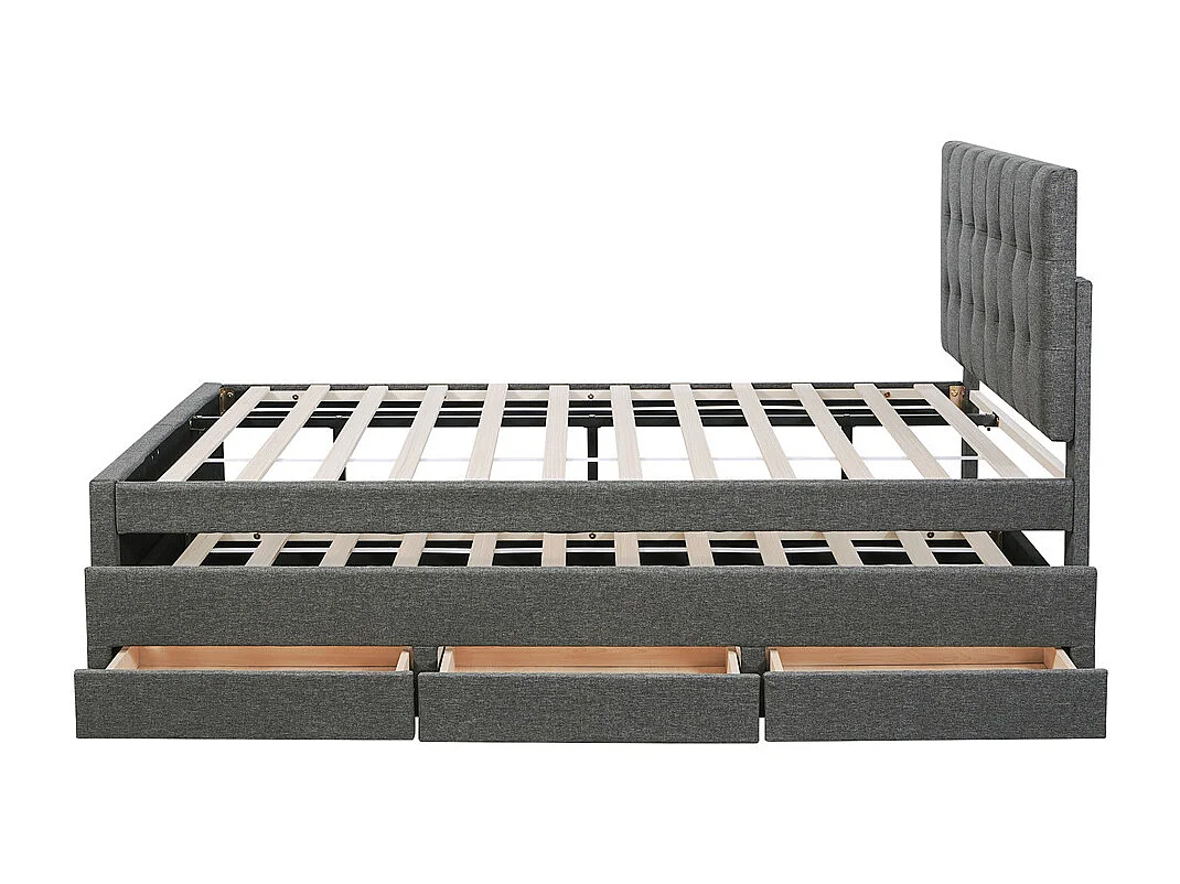 Volwassen bed 140x200 cm gestoffeerd bed met drie lades tweepersoonsbed grijs linnen