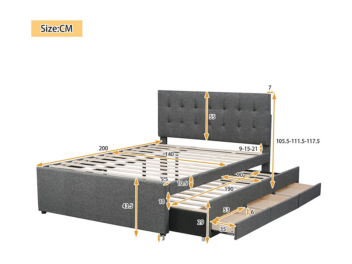 Volwassen bed 140x200 cm gestoffeerd bed met drie lades tweepersoonsbed grijs linnen