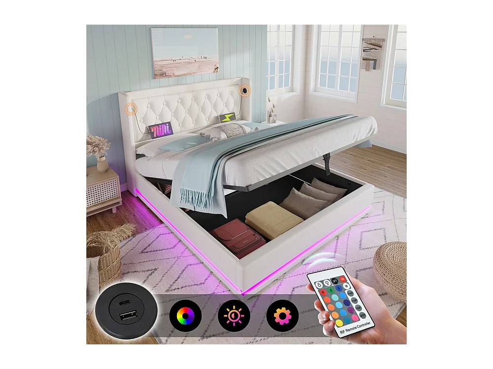 Lit rembourré hydraulique 180x200cm lit de rangement lit double avec fonction de charge usb type-c tête de lit pu blanc