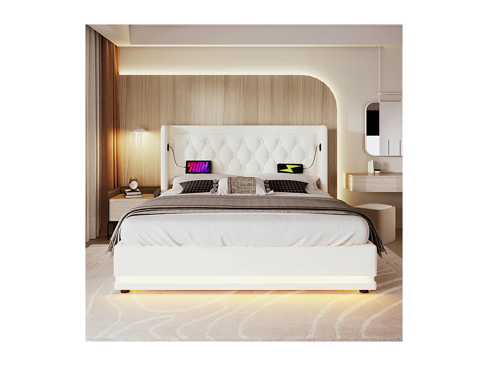 Lit rembourré hydraulique 180x200cm lit de rangement lit double avec fonction de charge usb type-c tête de lit pu blanc