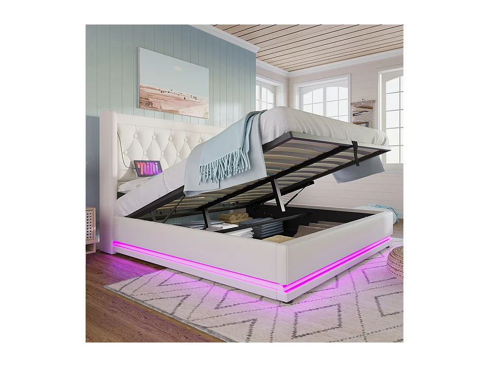 Lit rembourré hydraulique 180x200cm lit de rangement lit double avec fonction de charge usb type-c tête de lit pu blanc