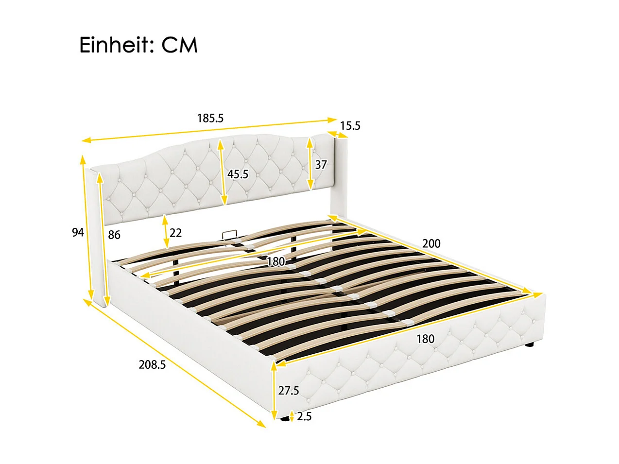 Volwassen bed 180x200 cm bed met hydraulisch lager vlak bed tweepersoonsbed beige linnen
