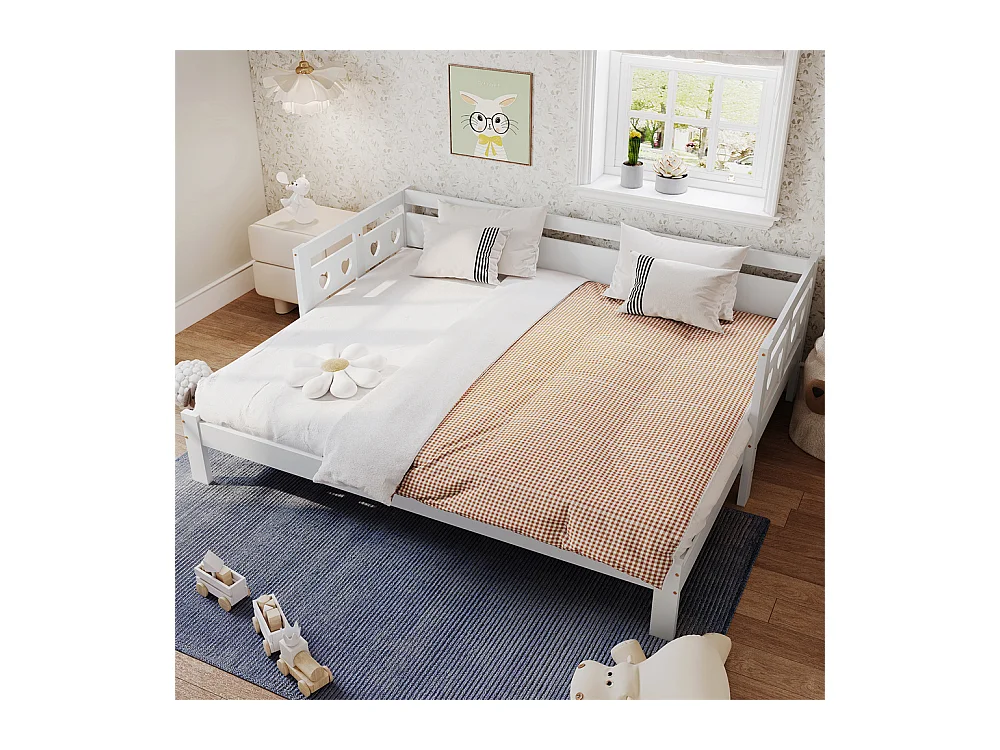 Uitschuifbaar bed 90x190cm, bedbank met 2 slaapplaatsen en rolframe, hartvormig bed, massief grenen, wit