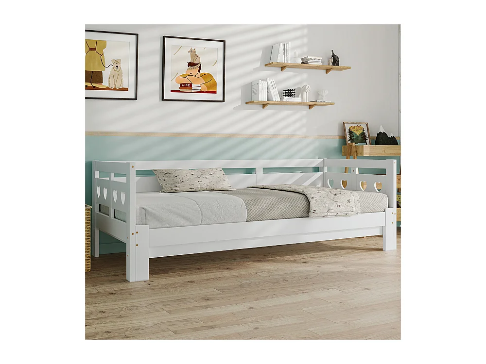 Uitschuifbaar bed 90x190cm, bedbank met 2 slaapplaatsen en rolframe, hartvormig bed, massief grenen, wit