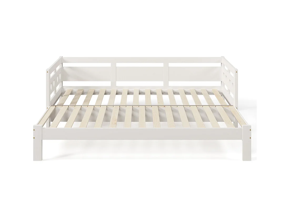 Uitschuifbaar bed 90x190cm, bedbank met 2 slaapplaatsen en rolframe, hartvormig bed, massief grenen, wit