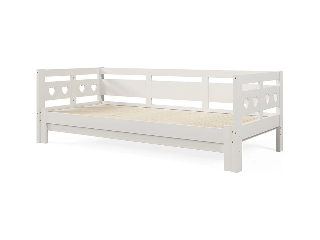 Uitschuifbaar bed 90x190cm, bedbank met 2 slaapplaatsen en rolframe, hartvormig bed, massief grenen, wit