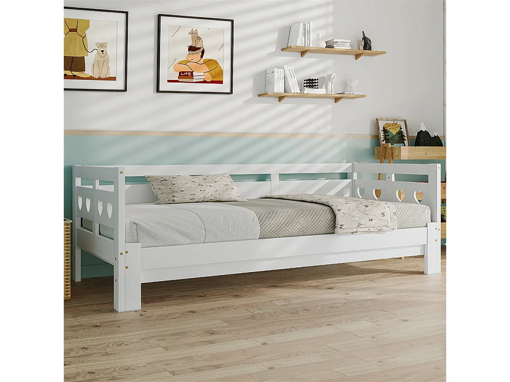 Uitschuifbaar bed 90x190cm, bedbank met 2 slaapplaatsen en rolframe, hartvormig bed, massief grenen, wit