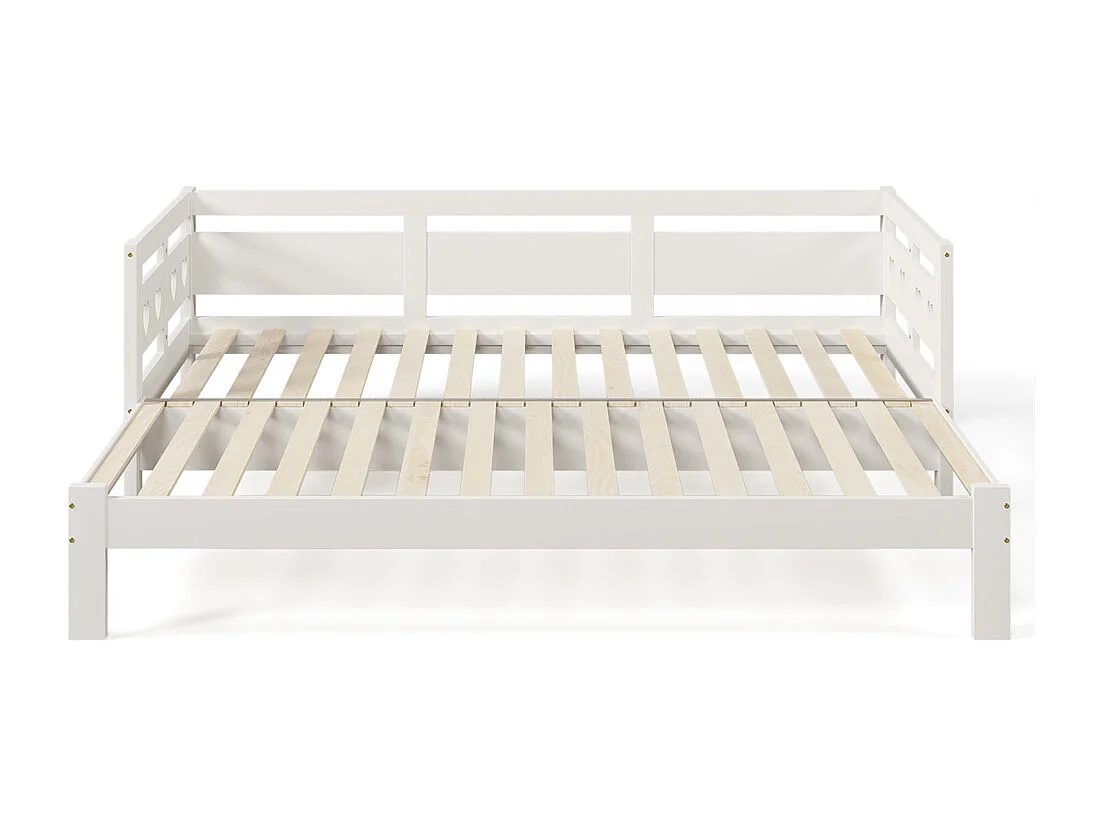 Uitschuifbaar bed 90x190cm, bedbank met 2 slaapplaatsen en rolframe, hartvormig bed, massief grenen, wit