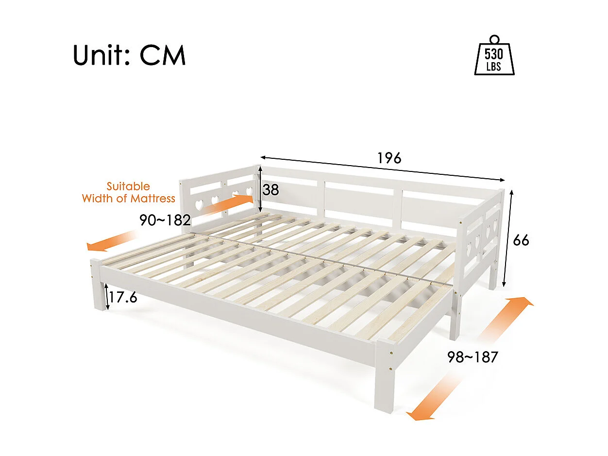 Uitschuifbaar bed 90x190cm, bedbank met 2 slaapplaatsen en rolframe, hartvormig bed, massief grenen, wit