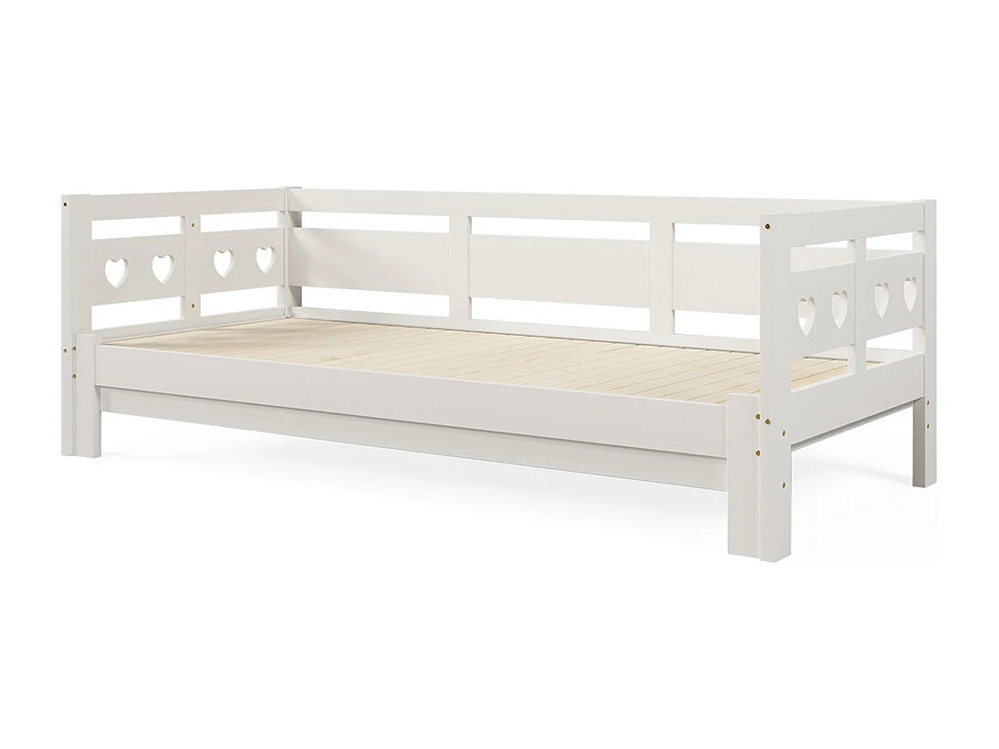 Uitschuifbaar bed 90x190cm, bedbank met 2 slaapplaatsen en rolframe, hartvormig bed, massief grenen, wit