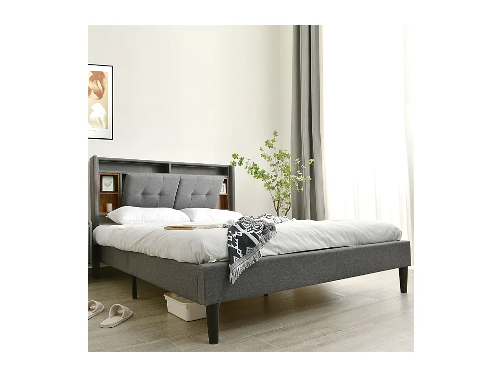 Lit rembourré 160x200cm, lit double avec tête de lit à rangement, recharge USB et éclairage LED, sommier à lattes en bois, gris