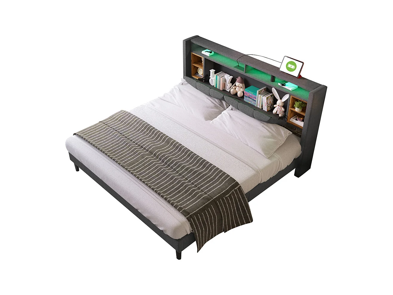 Lit rembourré 160x200cm, lit double avec tête de lit à rangement, recharge USB et éclairage LED, sommier à lattes en bois, gris