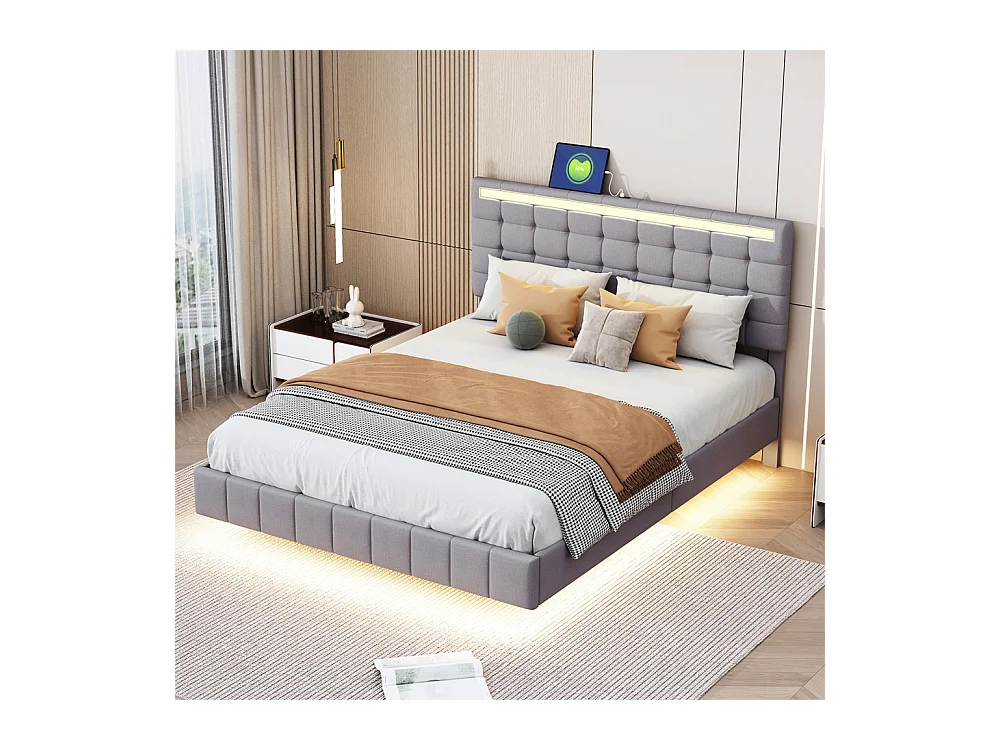 Volwassen bed 140x200 cm gestoffeerd bed met LED-lampen tweepersoonsbed grijs linnen