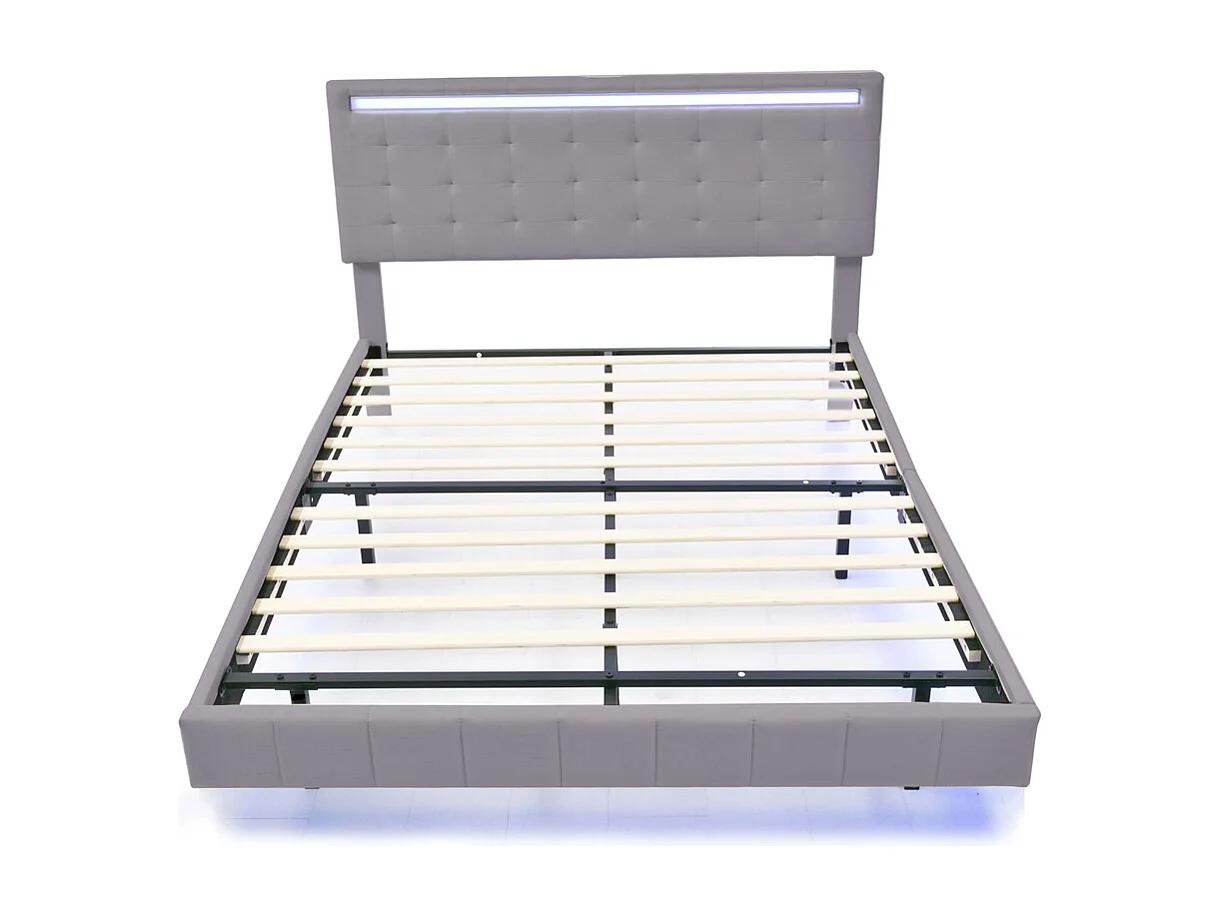 Volwassen bed 140x200 cm gestoffeerd bed met LED-lampen tweepersoonsbed grijs linnen