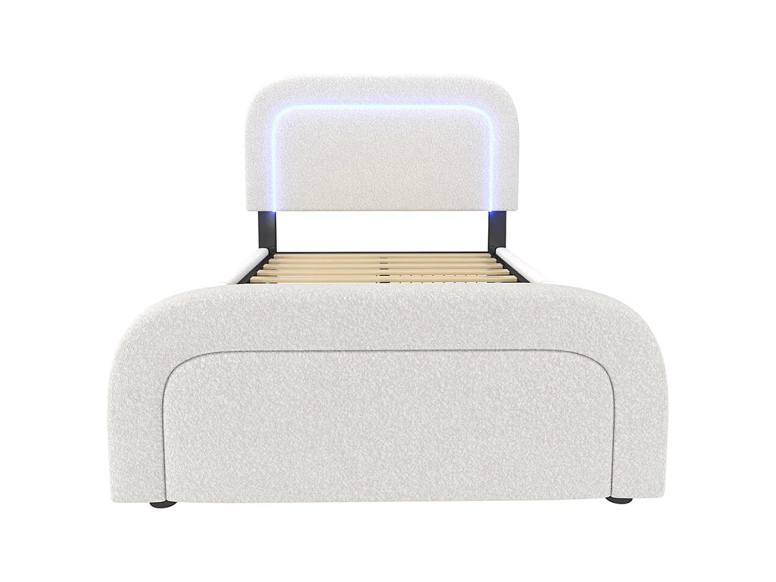 Lit adulte lit 90x200 cm lit rembourré lit éclairage led lit 2 tiroirs lit sommier à lattes en bois Single sherpa blanc