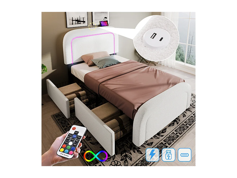 Lit adulte lit 90x200 cm lit rembourré lit éclairage led lit 2 tiroirs lit sommier à lattes en bois Single sherpa blanc