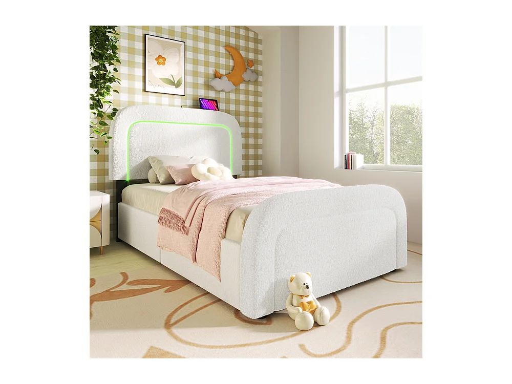 Lit adulte lit 90x200 cm lit rembourré lit éclairage led lit 2 tiroirs lit sommier à lattes en bois Single sherpa blanc