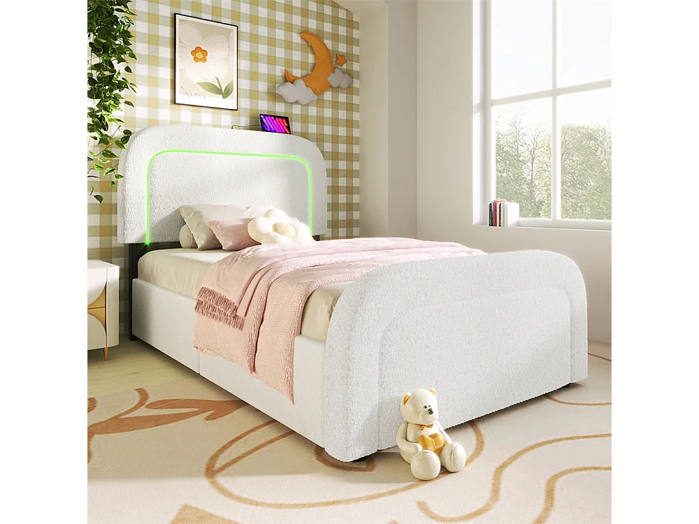 Lit adulte lit 90x200 cm lit rembourré lit éclairage led lit 2 tiroirs lit sommier à lattes en bois Single sherpa blanc