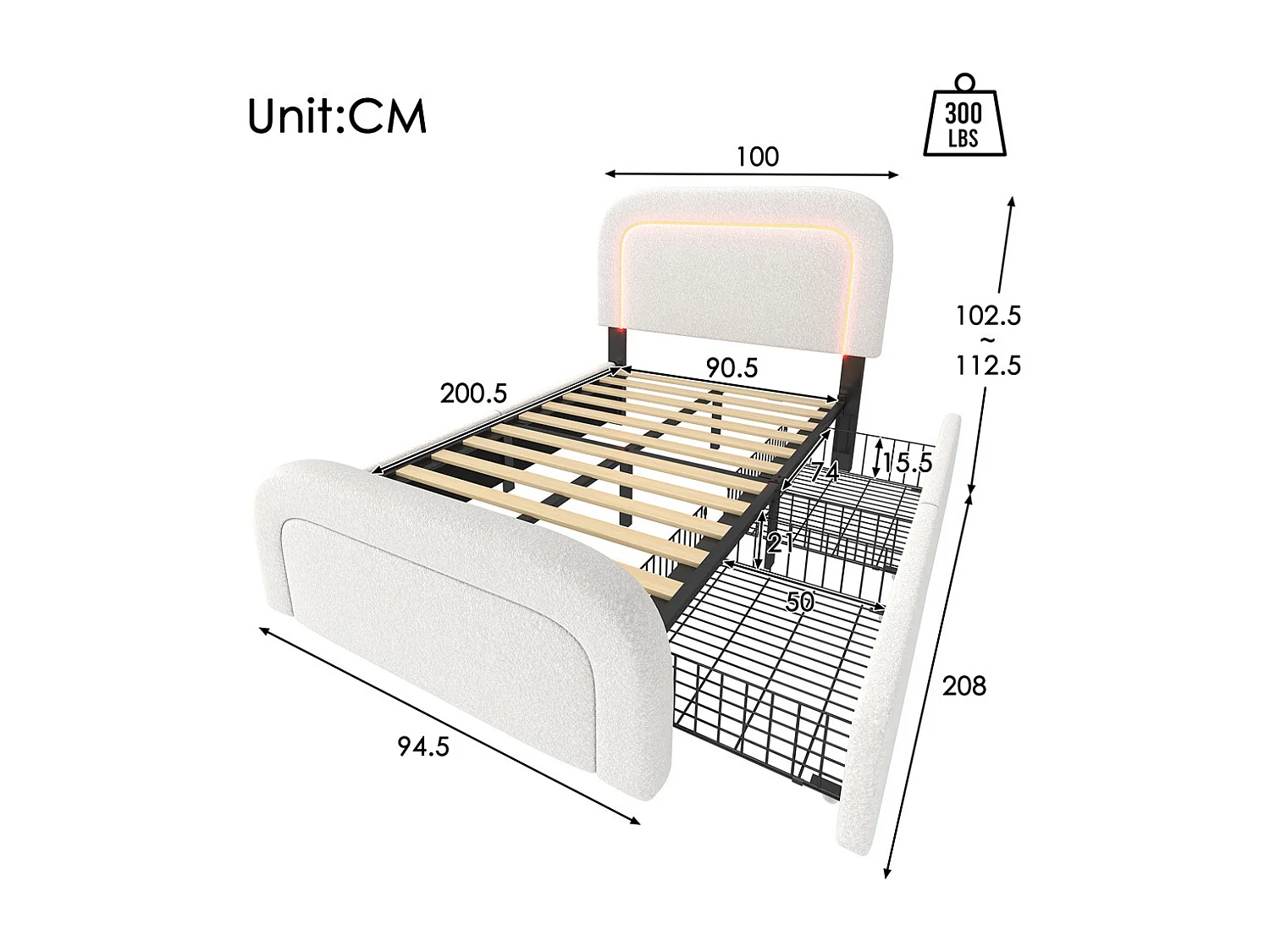 Lit adulte lit 90x200 cm lit rembourré lit éclairage led lit 2 tiroirs lit sommier à lattes en bois Single sherpa blanc